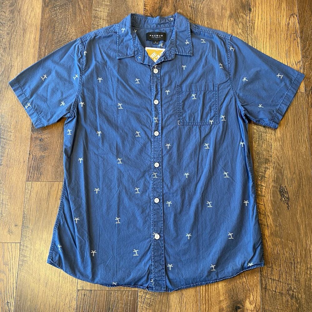 Pacsun Shirt Button Front Mens Size Large blue Palm Trees Sunday Funday